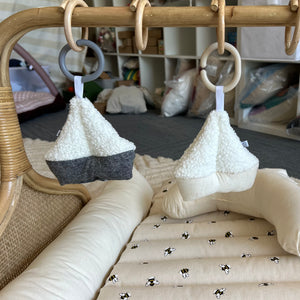 Hanging Rattle Sailboat | Charcoal Linen + White Cloud