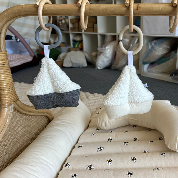 Hanging Rattle Sailboat | Charcoal Linen + White Cloud